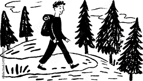 Hiker walking on a path in nature. Black and white simple vector illustration featuring trees and a backpack in a scenic outdoor setting.