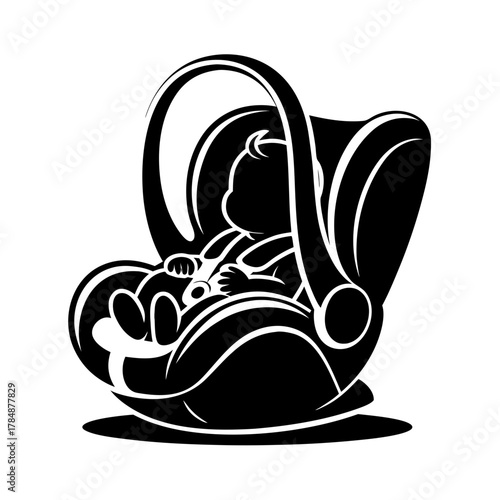Vector icon of a baby in a child car seat, secured with seat belts. Child in a safe car seat, transporting children in a car. Protecting and caring for a child while traveling. Baby in a carrycot