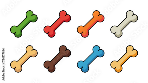 A set of colorful vector icons of dog bones and dog treats in a flat design, isolated on a transparent background.