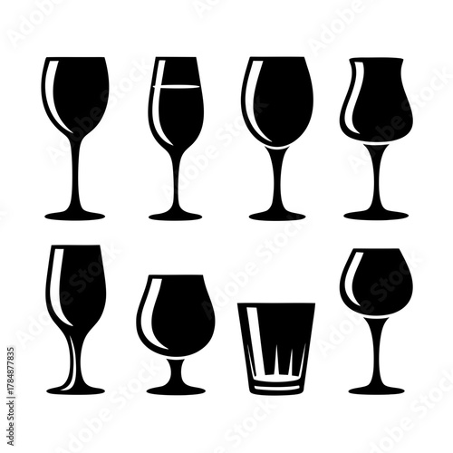 A set of vector icons of silhouettes of wine, champagne, cognac, and whiskey glasses on a transparent background. Drink symbols for design.