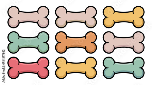 A set of colorful vector icons of dog bones and dog treats in a flat design, isolated on a transparent background.