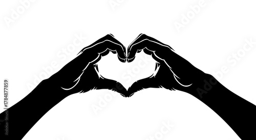solated vector icon with a black silhouette of two hands folded in the shape of a heart. Heart gesture with hands. Heart sign made with fingers.