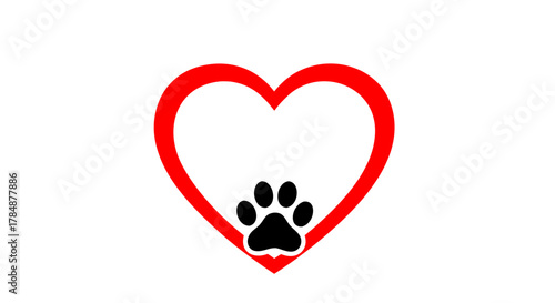 Vector icon, logo with a red heart with a black paw print of a dog or cat inside, isolated on a transparent background.