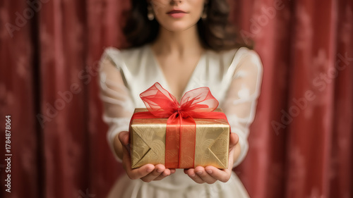 Elegant Woman in White Dress Offering Gold Gift with Red Ribbon