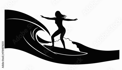 Powerful silhouette of a surfer catching a dynamic wave, riding the ocean surf