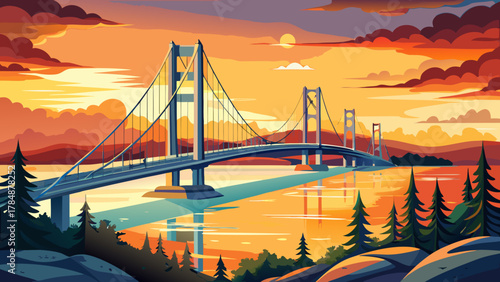 Very beautiful sunset view of the Mackinac Bridge spanning the Straits of Mackinac between Michigan’s upper and lower peninsulas, featuring strong leading lines, warm golden light, calm water reflecti