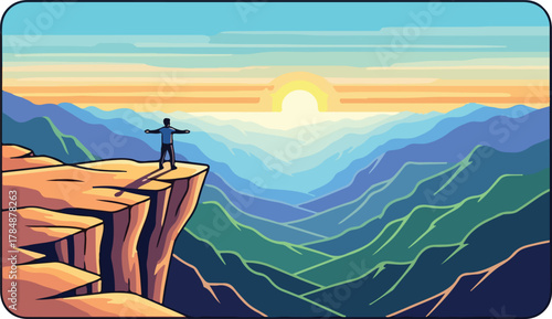 A person with outstretched arms stands on a cliff overlooking a vast, colorful mountain range at sunrise, evoking a sense of freedom and adventure.