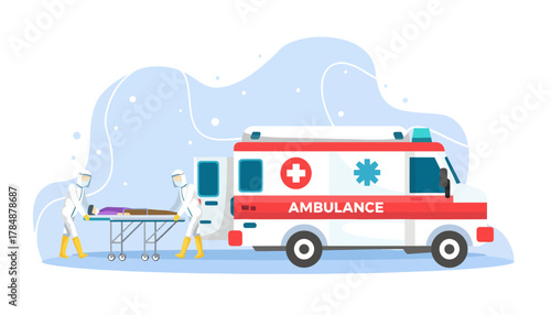 Illustration of medical staff wearing protective gear transporting a patient on a stretcher into an ambulance with a red and white design against a blue background.