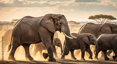 Herd of african elephants walking through savanna landscape at sunset