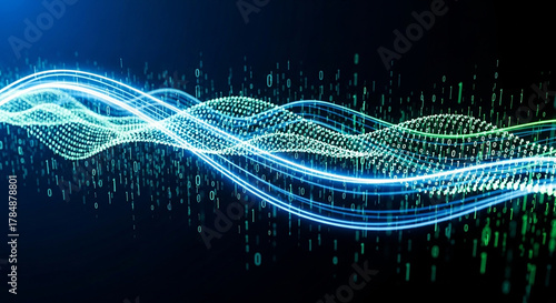 Abstract glowing blue and green sound wave visualization with digital data