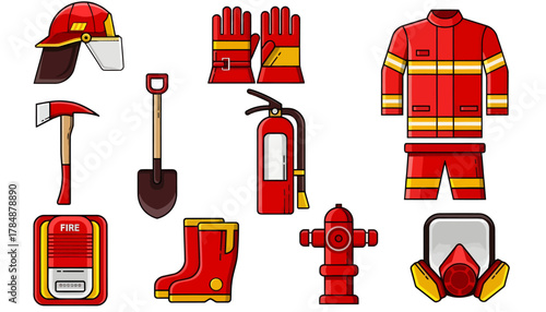 Flat lay of various firefighting equipment and gear on a white background