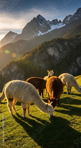 Herd of alpacas grazing on a green hillside with majestic mountains