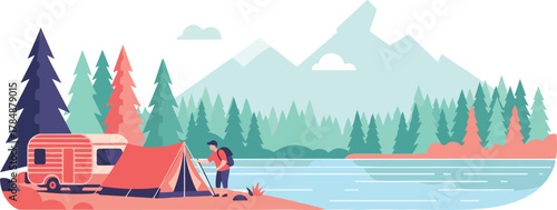 Flat illustration of a person camping by a lake with a camper van and tent, surrounded by a forest and mountains.