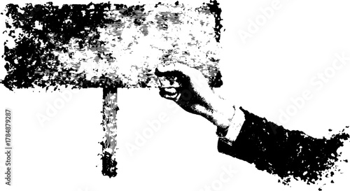 A hand holding a blank sign. Vintage black-and-white vector illustration for use in various promotional materials.