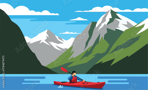 A person kayaking on a serene lake surrounded by majestic snow-capped mountains and green hills under a clear sky.