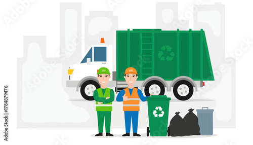 Illustration of sanitation workers standing beside a recycling truck and bins in an urban setting with a green and gray color scheme.