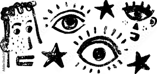 Illustration featuring eyes and a face. A simple black and white graphic design with playful stars. Vector illustration set.