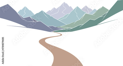 A minimalistic graphic illustration of a winding road leading through a valley towards stylized mountains under a clear sky.