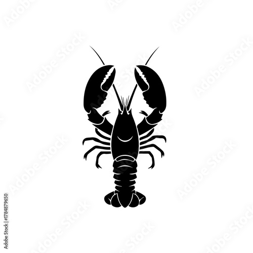 A black silhouette of a lobster with its claws raised against a white background.