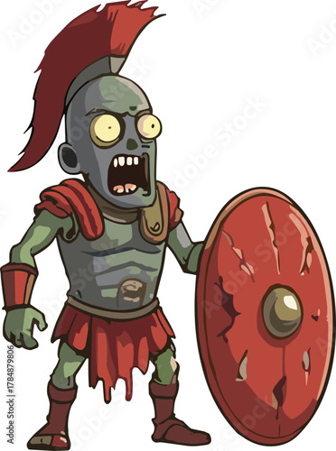 Zombie Roman soldier cartoon, undead warrior illustration, ancient gladiator fantasy art, horror character design, historical monster concept, battle armor artwork