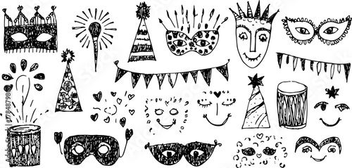 Hand-drawn mask and party hat illustrations in a festive style. Fun designs with smiles and decorations in this vector set.