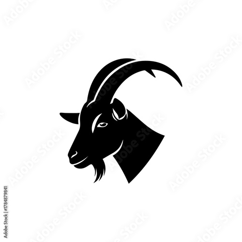 A simple black silhouette of a goat's head in profile, isolated on a white background.