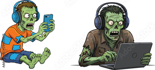 Zombie tech addicts, cartoon undead with devices, smartphone monster, laptop zombie, creepy headphone characters, humorous horror illustration, digital obsession parody art