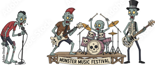 Zombie rock band, monster music festival stage, cartoon undead musicians, horror concert illustration, skeleton bass player, spooky Halloween performance, creepy creative artwork