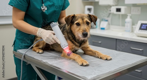 Veterinarian performing laser therapy on a dog's leg