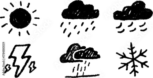 Weather icons set. Simple vector illustrations of sun, clouds, rain, snow, and lightning in flat black and white style.