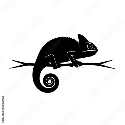 Silhouette of a chameleon perched on a branch, showcasing its unique form and posture in a minimalist style.