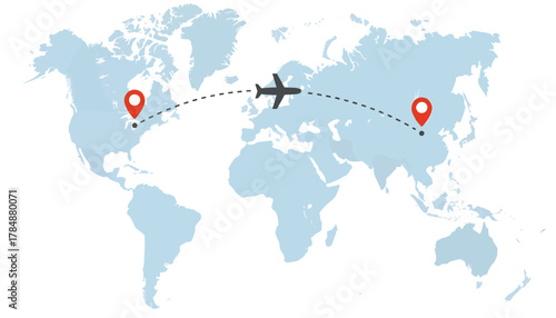 Map of the world with airplane travel route between two locations marked