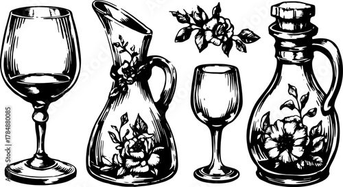 Vintage glassware set showcasing elegant jugs and cups with floral designs. Detailed line drawing in monochrome vector illustration.