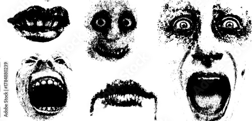 Illustration of distorted faces showcasing varying mouth and eye expressions. High-contrast black and white vector art set for graphic design projects.
