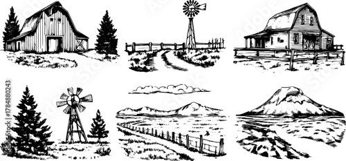 Farm landscape illustration featuring a barn, windmill, and mountains. Scenic black and white vector illustration showcasing rural scenery.
