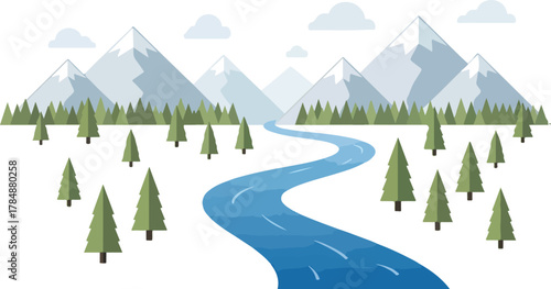 Flat design illustration of a winding river flowing through a valley with green pine trees and snow-capped mountains under a cloudy sky.