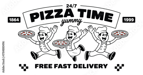 Cartoon Pizza Chef and Delivery Man – Retro 90s Style Character, Vintage Pizzeria Poster, Fast Food Online Ordering Concept, Vector Logo Design with Apron