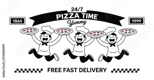 Cartoon Pizza Chef and Delivery Man – Retro 90s Style Character, Vintage Pizzeria Poster, Fast Food Online Ordering Concept, Vector Logo Design with Apron