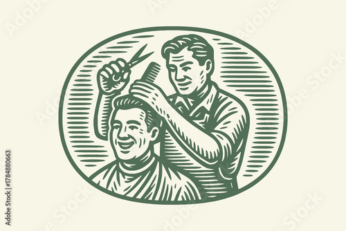 Barber cutting hair — vintage engraving oval emblem vector