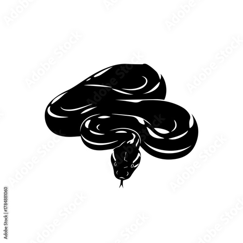 A striking black silhouette of a coiled snake with its head and forked tongue visible.