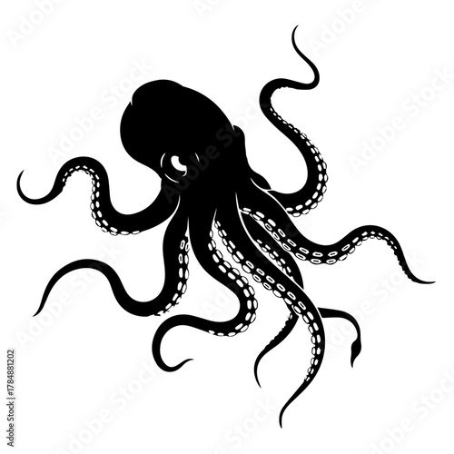 A striking black silhouette of an octopus with its tentacles spread wide against a white background.