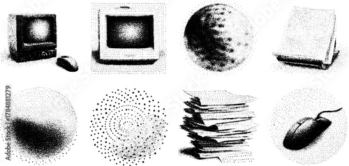 Vector illustrations of a computer and monitor, accompanied by a mouse, paper, and moon in a vintage set with stipple effects.