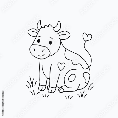 Cute Cow Coloring Page Hand Drawn Farm Animal Line Art Vector For Kids.