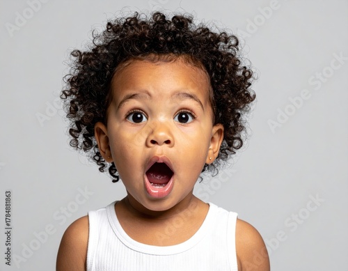 Portrait of a startled toddler with curly hair, open mouth