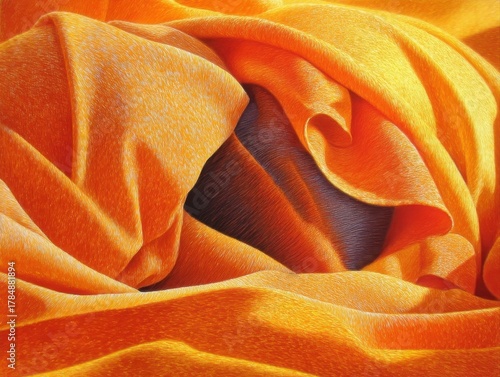 Vibrant orange fabric with rich texture and intricate folds creates a dynamic, abstract visual effect.