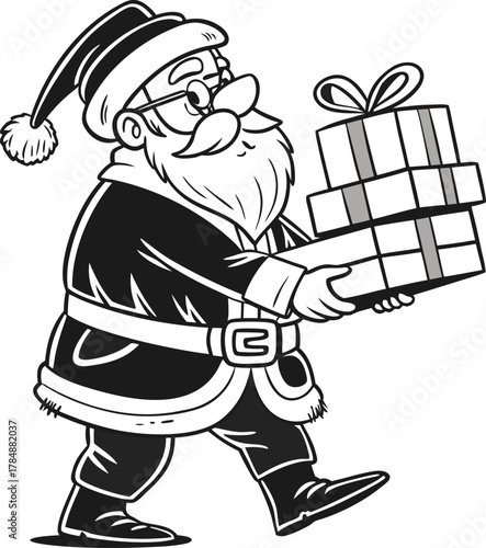 Santa Claus, depicted in a black and white vintage illustration, stands at the center. He is a Caucasian man, middle-aged, with a round build, a long white beard, and a matching mustache. He wears a t