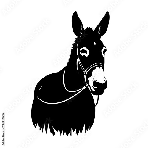 A striking black and white silhouette of a donkey's head and shoulders, wearing a bridle.