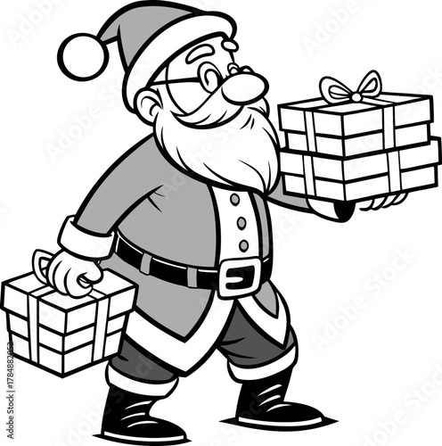 Santa Claus, depicted in a black and white vintage illustration, stands at the center. He is a Caucasian man, middle-aged, with a round build, a long white beard, and a matching mustache. He wears a t
