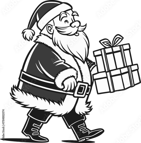 Santa Claus, depicted in a black and white vintage illustration, stands at the center. He is a Caucasian man, middle-aged, with a round build, a long white beard, and a matching mustache. He wears a t