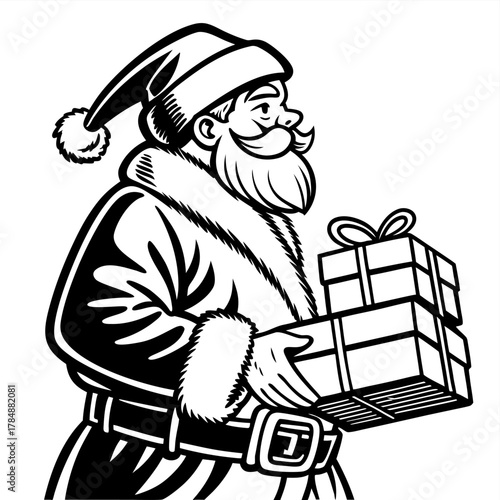 Santa Claus, depicted in a black and white vintage illustration, stands at the center. He is a Caucasian man, middle-aged, with a round build, a long white beard, and a matching mustache. He wears a t